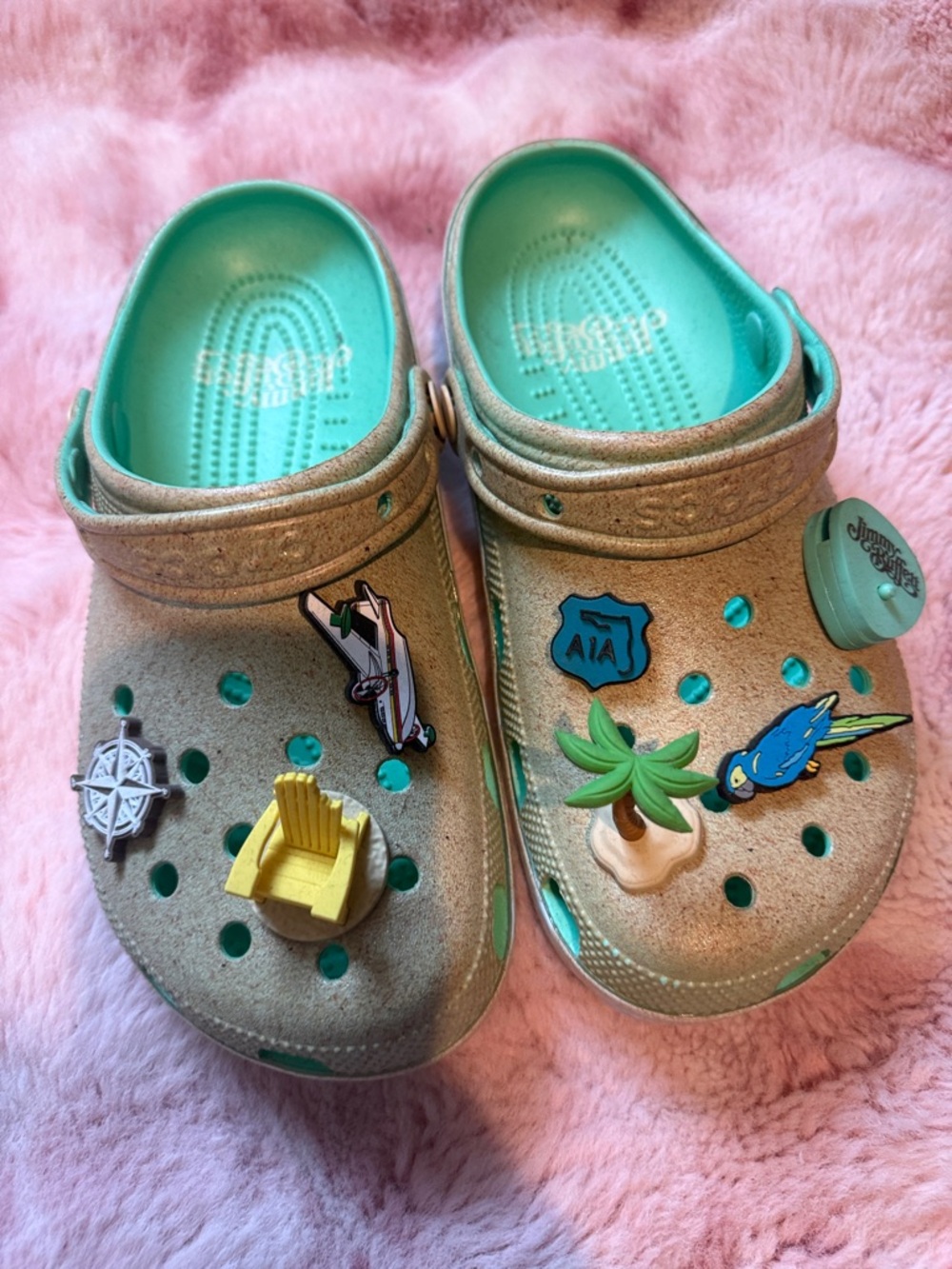 CROCS Jimmy Buffet Glittery Gold Sandals with Teal Footbed and Fun Charms